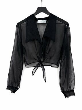 VTG STELLA Sheer Tie Front Cop Long Sleeve Top Black S